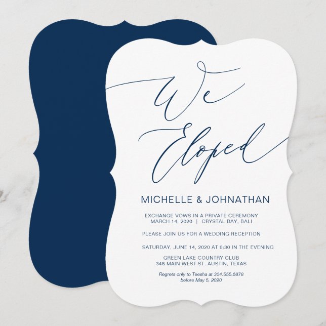 Invitación Script moderno, azul naval, escapada de novios (Anverso / Reverso)