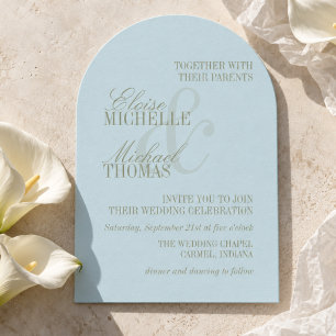 Invitación Script Moderno Naranja Azul Formal Arco Boda