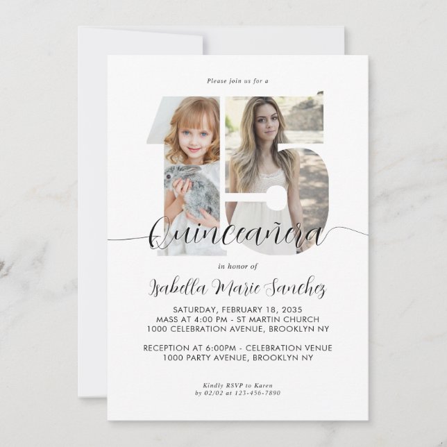Invitación Script Moderno Simple 15 Quinceañera Foto Cumpleañ (Anverso)
