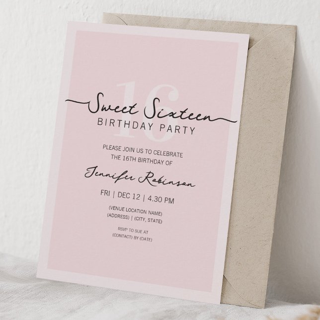 Invitación Script Moderno Simple Dulces 16 Dieciséis Rosa Cla (Simple Modern Script Sweet 16 Sixteen Blush Pink Invitation)