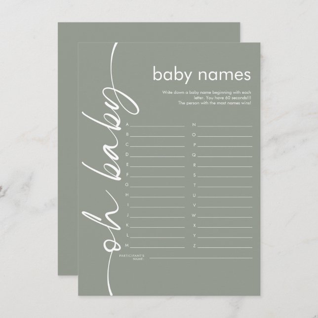 Invitación Script Oh Baby Names Shower Game Sage Card (Anverso / Reverso)
