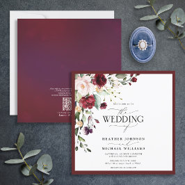Invitación Script QRCode Burgundy Navy Blue Floral Watercolor