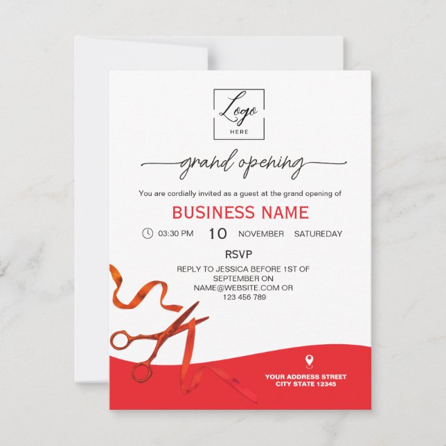 Invitación Script Red Ribbon Cutting Grand Opening Invitation (Anverso)