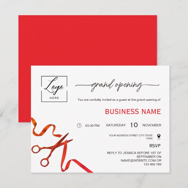 Invitación Script Red Ribbon Cutting Grand Opening Invitation (Anverso / Reverso)