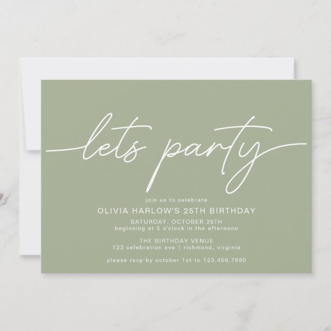Invitación Script sencillo | Cumpleaños Verde Mínimo Moderno (Anverso)