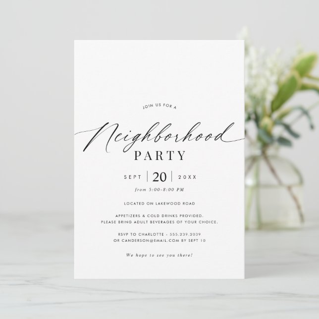 Invitación Script sencillo | Fiesta de vecindad o reunión (Anverso de pie)