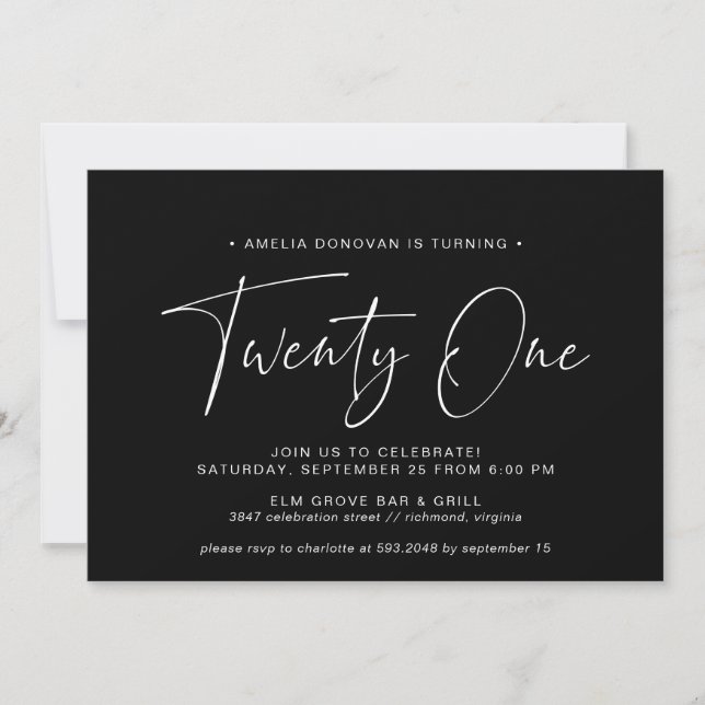 Invitación Script sencillo | Moderno Mínimo Negro 21º cumplea (Anverso)