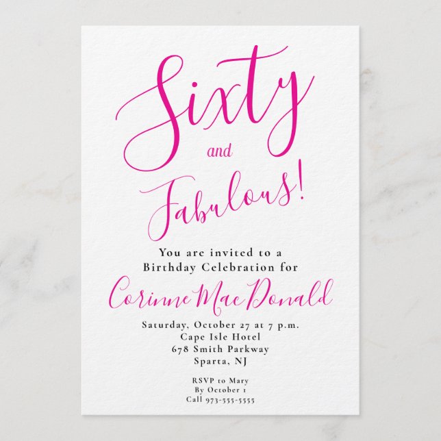 Invitación Script Sesenta y Fabuloso Cumpleaños 60 Rosa Fiest (Anverso)