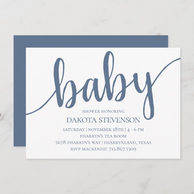 Invitación Script Slate Simple | Dusty Denim Blue Baby Shower (Anverso / Reverso)