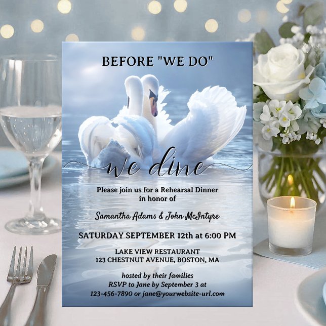 Invitación Script Swan Lake Wedding Rehearsal Dinner (Romantic Wedding Rehearsal Dinner invitation featuring two swans in love on a sunlit lake.)