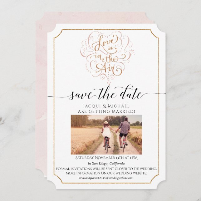 Invitación Script Typography Love in Air Gold Save the Date (Anverso / Reverso)