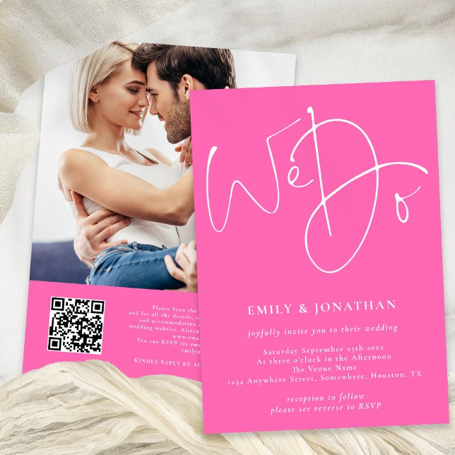 Invitación Script We Do Photo QR Code Hot Pink Boda (Front and Back View)
