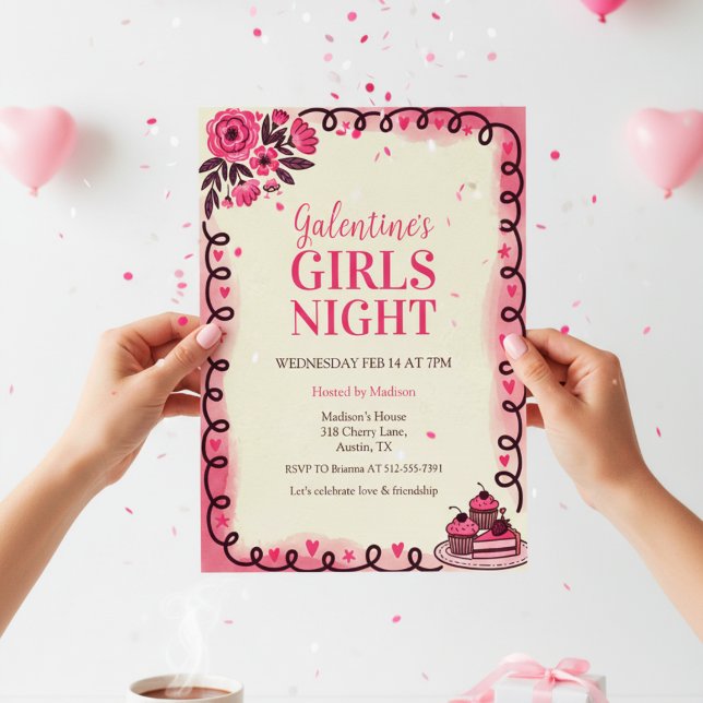 Invitación Scrollwork Border Galentine's Invitation (Watercolor Party Invite)