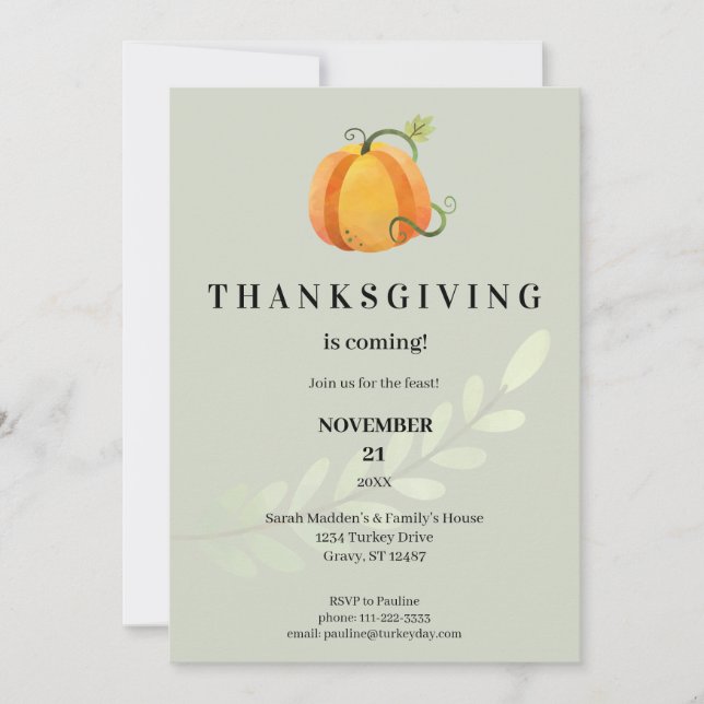 Invitación ¡Se acerca el Día de Acción de Gracias! Calabaza V (Anverso)