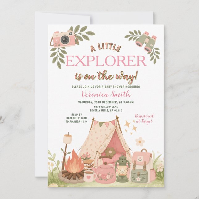 Invitación Se acerca Pink Little EXPLORE Fiesta de Bebé Niña (Anverso)
