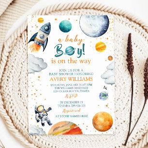 Invitación Se acerca un bebé varón Tema espacial para baby sh
