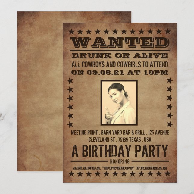 Invitación Se busca Poster, clásico cumpleaños occidental (Anverso / Reverso)
