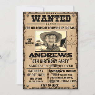Invitación Se busca un niño Poster occidental con foto cumple
