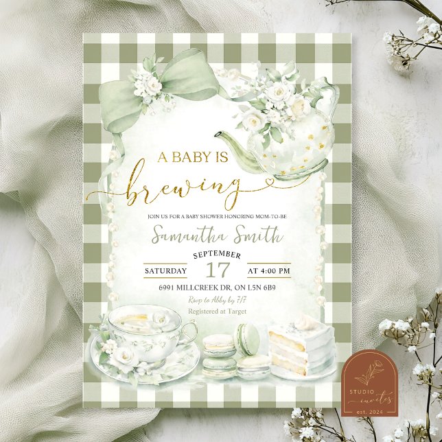 Invitación Se está gestando un bebé de gingham verde salvia B (Subido por el creador)