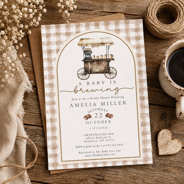 Invitación Se está preparando un bebé Fiesta de Bebé Carrito  (A Baby is Brewing Gingham Vintage Cart Baby Shower Invitation)
