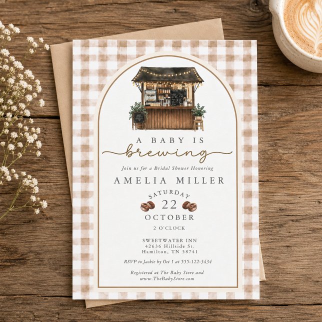 Invitación Se está preparando un bebé Fiesta de Bebé de Gingh (A Baby is Brewing Brown Gingham Baby Shower Invitation)