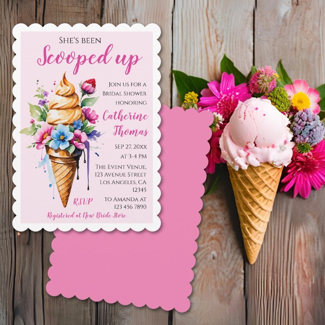 Invitación Se la han llevado a la lluvia de helados para desp (Flat lay she’s been scooped up ice cream bridal shower invitation with waffle cone ice cream scoops )