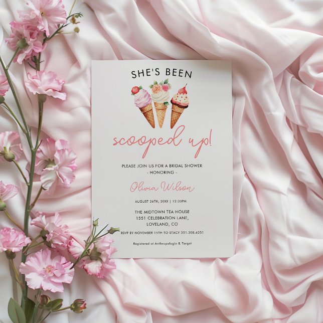Invitación Se la han llevado – Despedida de soltera de helado (She's Been Scooped Up – Ice Cream Bridal Shower Invitation with Pink & Purple Floral Brunch Theme)