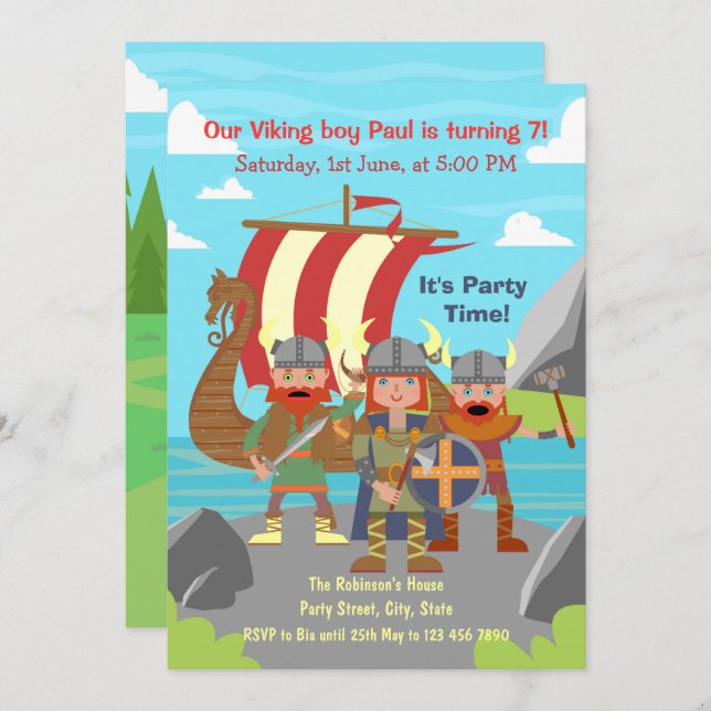 Invitación Se llama a todos los niños vikingos a una fiesta d (Anverso / Reverso)