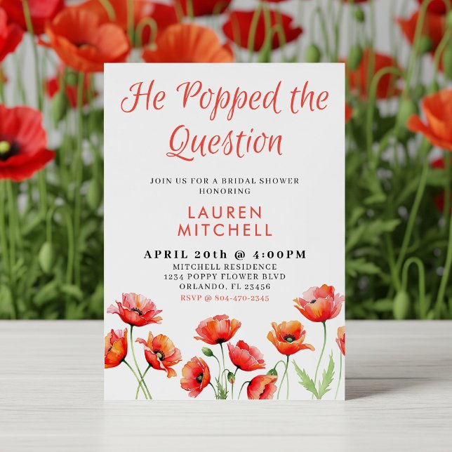Invitación Se metió en la ducha de novias de la flor de amapo (He Popped the Question Poppy Flower Bridal Shower Invitation
)
