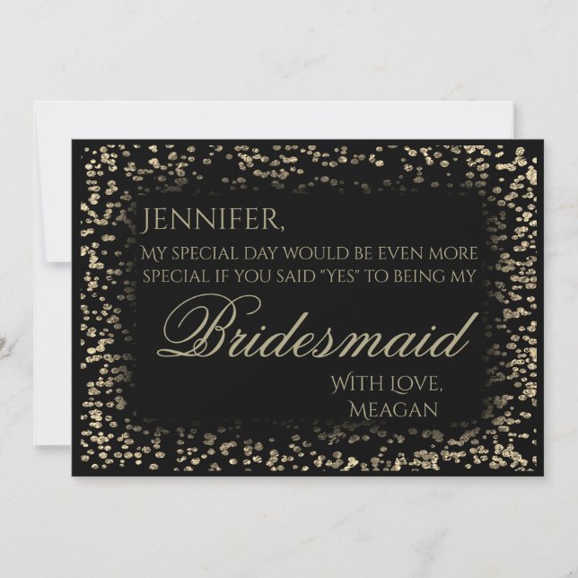 Invitación Sé mi novia | Confetti negro y oro (Anverso)