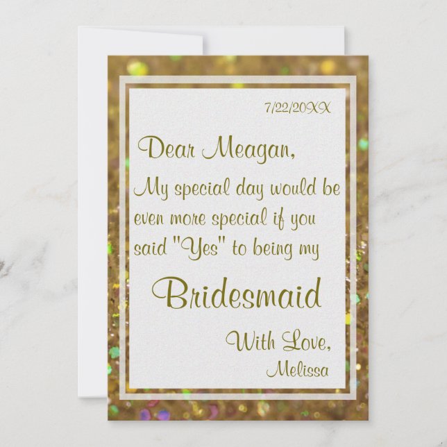 Invitación Sé mi novia | Purpurina de oro Glam (Anverso)