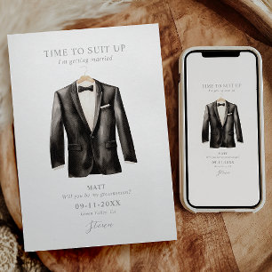 Invitación Sé Mi Padrino de Boda Acuarela Esmoquin Negro y Bl