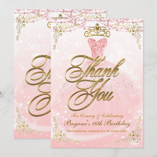 Invitación Sé Nuestra Invitada Princesa Rosa Dorado Dulces 16 (Anverso / Reverso)