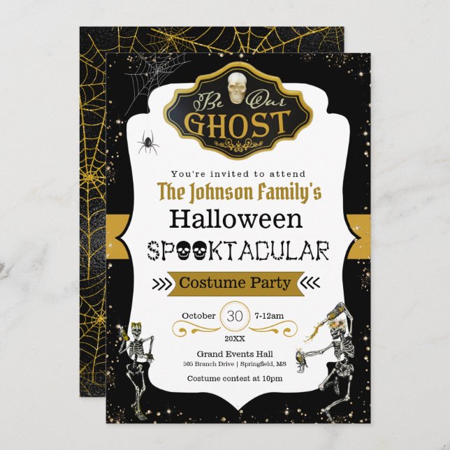 Invitación Sé nuestro fantasma Disfraz de esqueletos bailando (Anverso / Reverso)