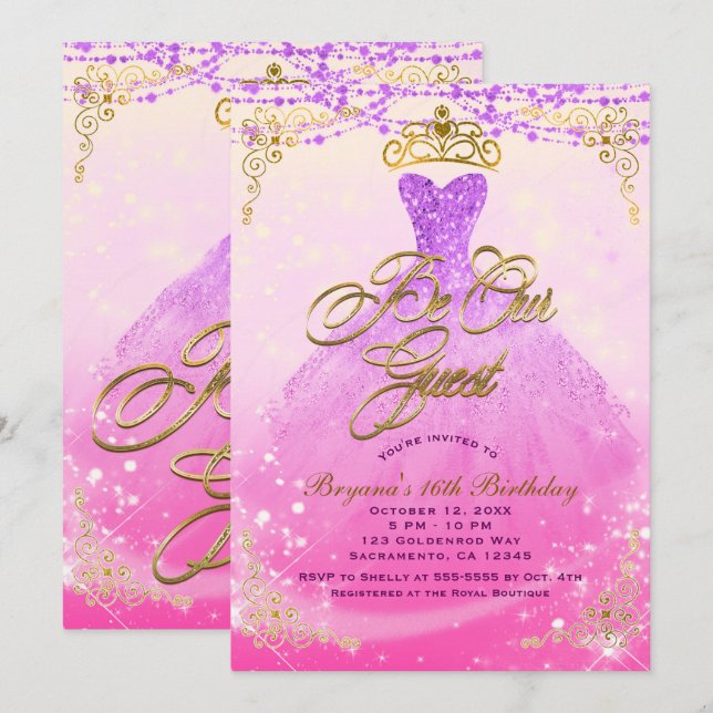 Invitación Sé Nuestro Invitado Princesa Fiesta Morado y Dorad (Anverso / Reverso)