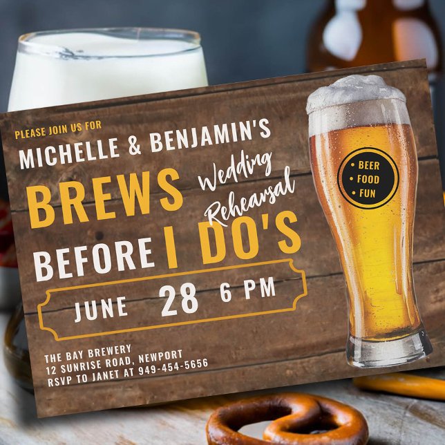 Invitación Se prepara antes de que yo dos Bodas de pareja ens (brews before i dos wedding rehearsal dinner invitation brewery theme rustic wood coed)