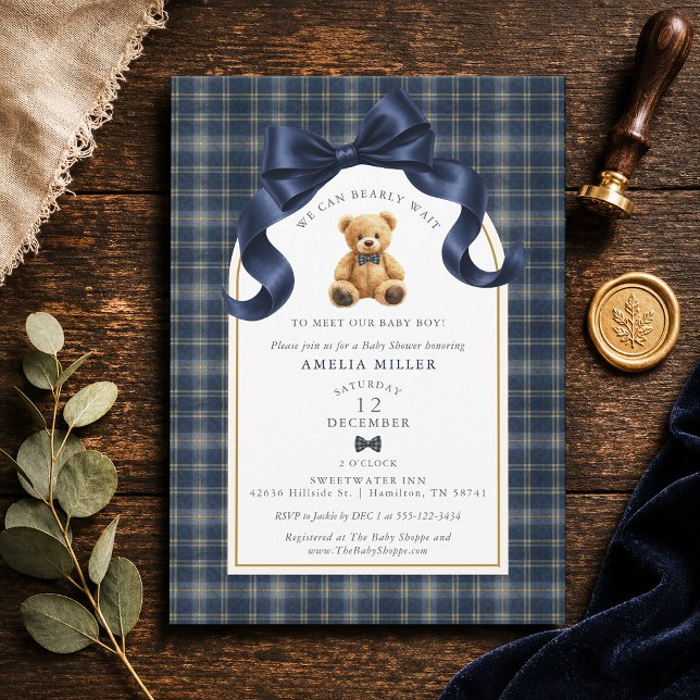 Invitación Se Puede Esperar con Ansia Plaid Polo Teddy Bear B (Can Bearly Wait Plaid Polo Teddy Bear Baby Shower Invitation)