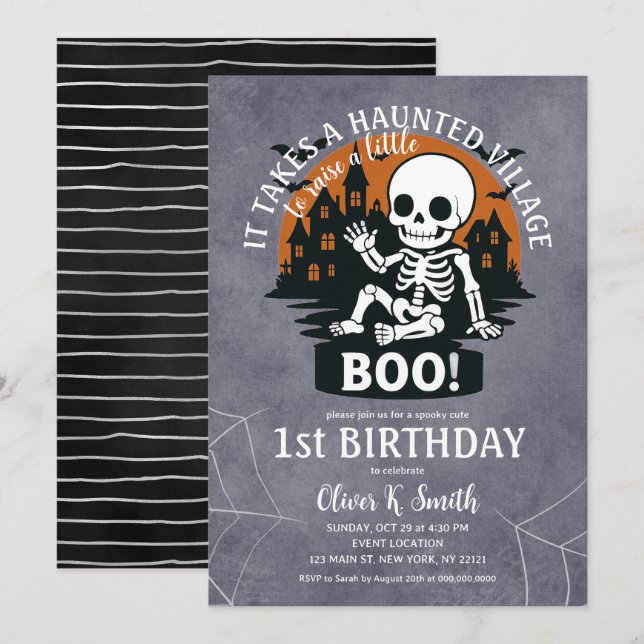 Invitación Se toma el primer cumpleaños de Halloween de aldea (Anverso / Reverso)