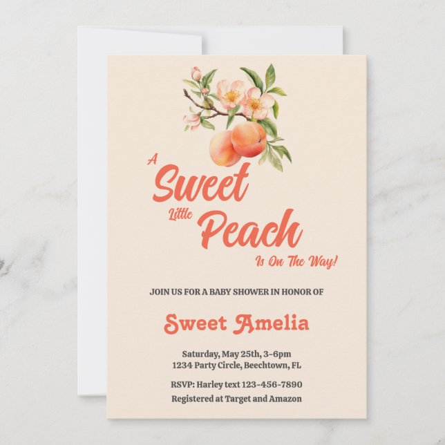 Invitación ¡Se Va A Hacer Un Pequeño Y Dulce Peach! Baby Show (Anverso)