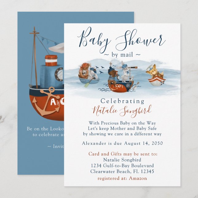 Invitación Sea Adventures Nautical Baby Shower por correo (Anverso / Reverso)