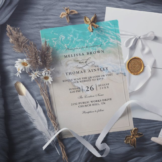 Invitación Sea Foam Heart Beach Elegant QR Code Wedding (Subido por el creador)