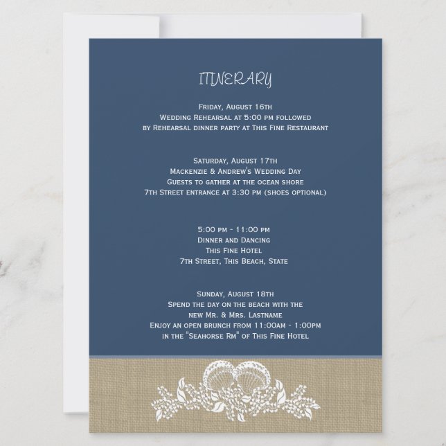 Invitación Sea Garland Beach Wedding Large Itinerary (Anverso)