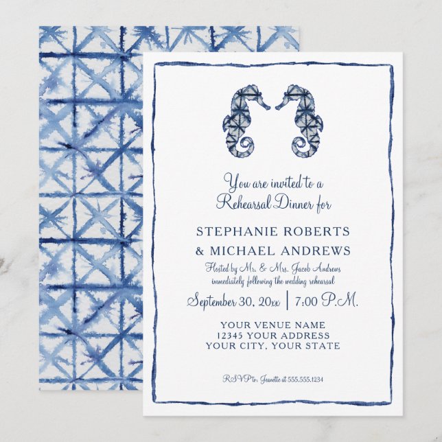 Invitación Sea Horses Beach Navy Shibori Ensayo Cena (Anverso / Reverso)