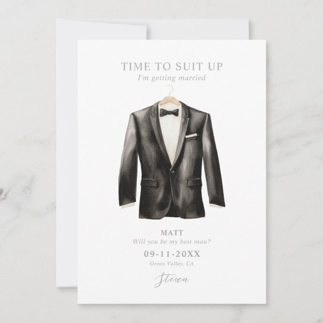 Invitación Sea mi mejor hombre acuarela Tuxedo negro y blanco (Anverso)