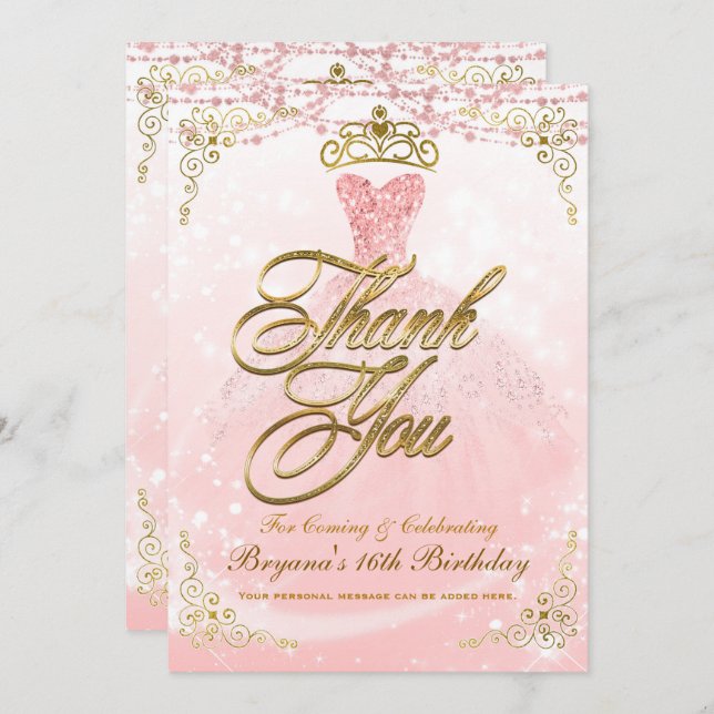 Invitación Sea Nuestra Invitada Princesa Rosa Oro Dulces 16 A (Anverso / Reverso)