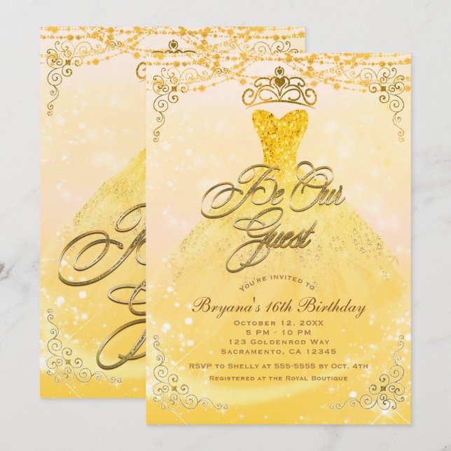 Invitación Sea Nuestra Princesa Invitada Fiesta Amarillo y Do (Anverso / Reverso)