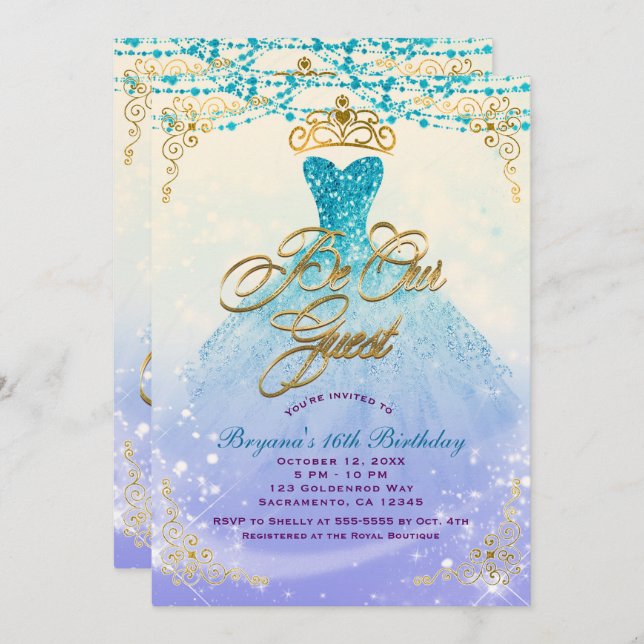 Invitación Sea nuestro huésped Princesa Aqua Purple Sweet 16  (Anverso / Reverso)