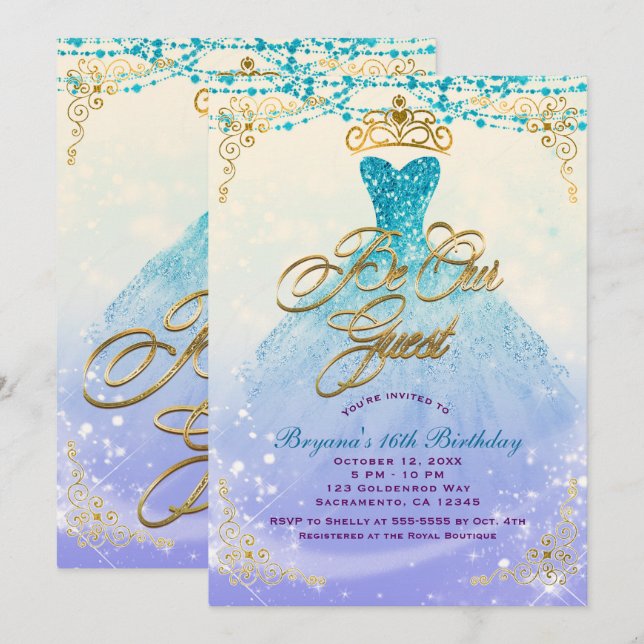 Invitación Sea Nuestro Invitado Princesa Aqua Fiesta Morada d (Anverso / Reverso)