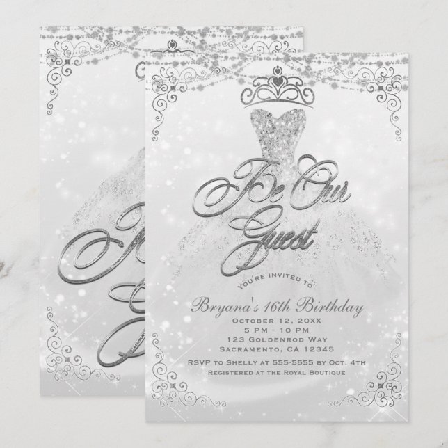 Invitación Sea nuestro invitado Princesa Blanca Plata Dulce 1 (Anverso / Reverso)