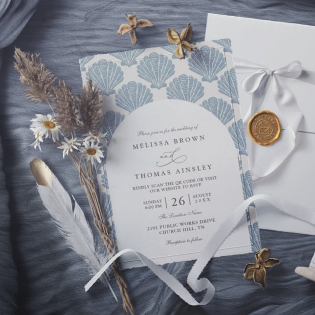 Invitación Sea Shell Beach Elegant Modern QR Code Wedding (Subido por el creador)
